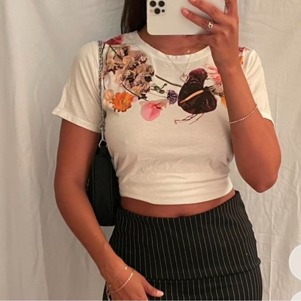 Zara white floral T-shirt crop top